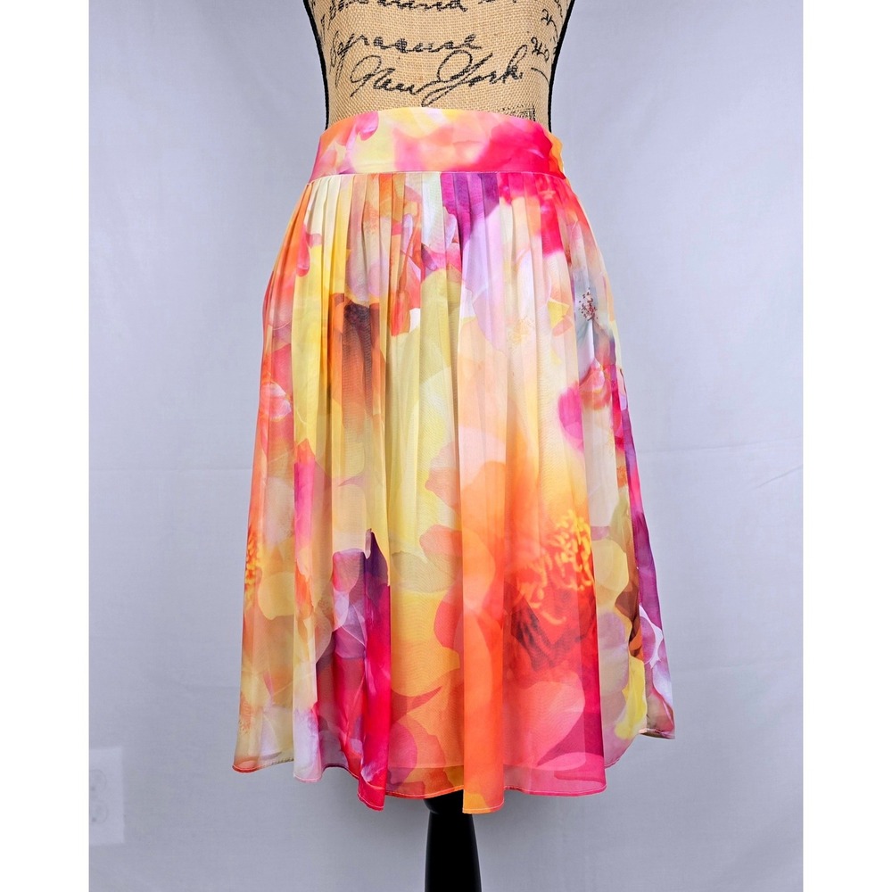 Sexy Liz Claiborne Floral Pleated Midi Skirt Pink Orange Yellow Chiffon Size‎ 8